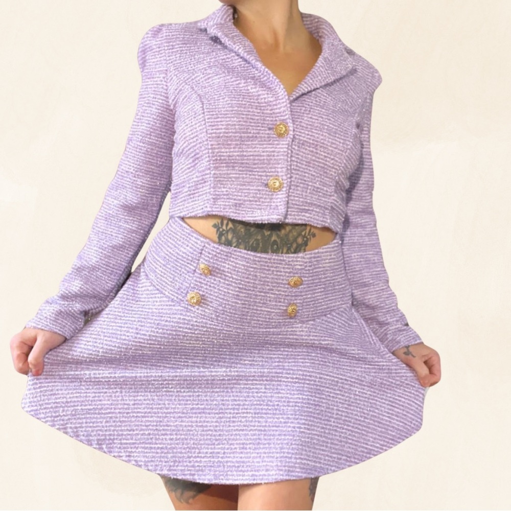 Chic Lavender Tweed Skirt and Blazer Set